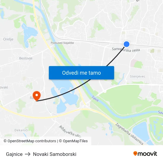 Gajnice to Novaki Samoborski map