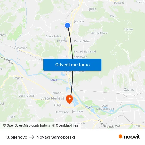 Kupljenovo to Novaki Samoborski map