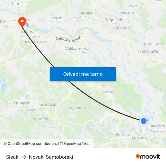 Sisak to Novaki Samoborski map