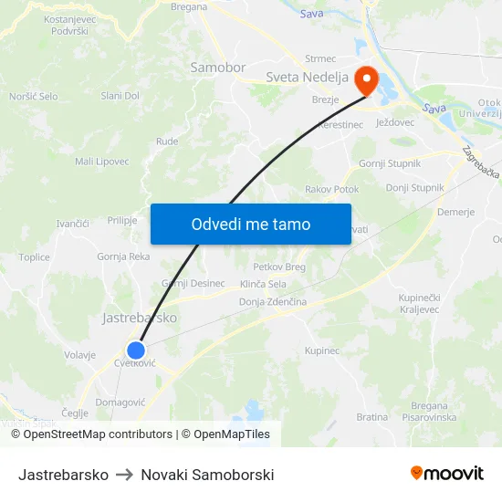 Jastrebarsko to Novaki Samoborski map