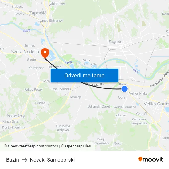 Buzin to Novaki Samoborski map