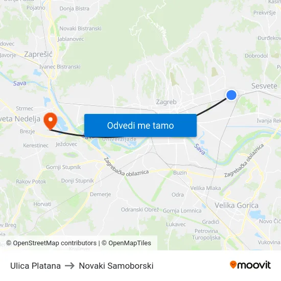 Ulica Platana to Novaki Samoborski map