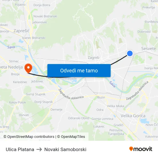 Ulica Platana to Novaki Samoborski map