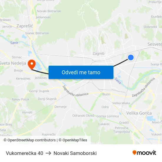 Vukomerečka 40 to Novaki Samoborski map
