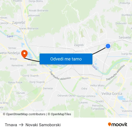 Trnava to Novaki Samoborski map