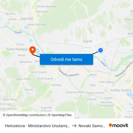 Heinzelova - Ministarstvo Unutarnjih Poslova to Novaki Samoborski map