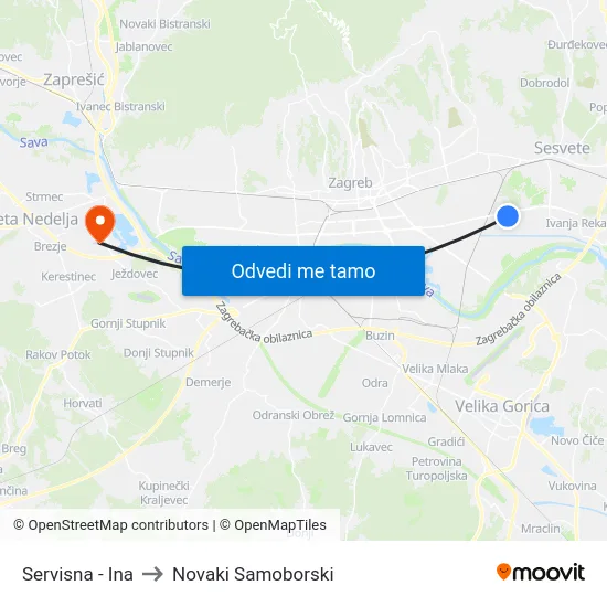 Servisna - Ina to Novaki Samoborski map