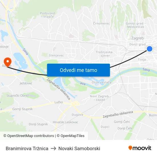 Branimirova Tržnica to Novaki Samoborski map