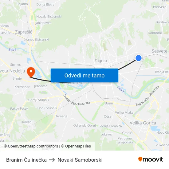 Branim-Čulinečka to Novaki Samoborski map