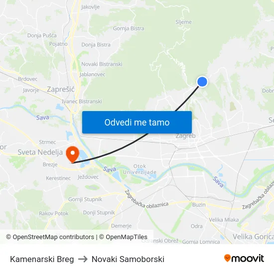 Kamenarski Breg to Novaki Samoborski map