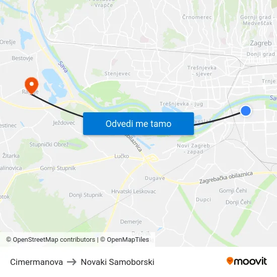 Cimermanova to Novaki Samoborski map