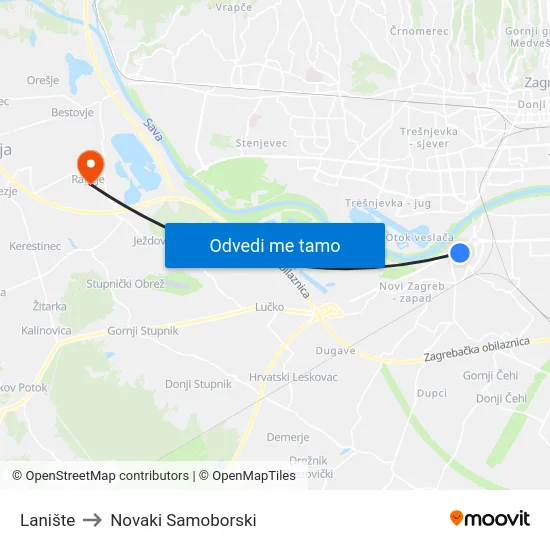 Lanište to Novaki Samoborski map