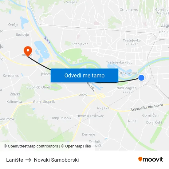 Lanište to Novaki Samoborski map