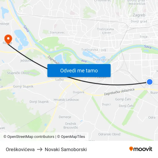 Oreškovićeva to Novaki Samoborski map