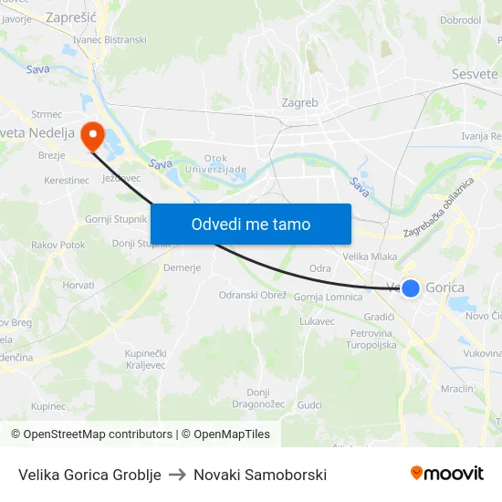 Velika Gorica Groblje to Novaki Samoborski map
