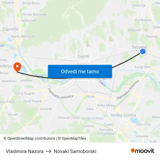 Vladimira Nazora to Novaki Samoborski map