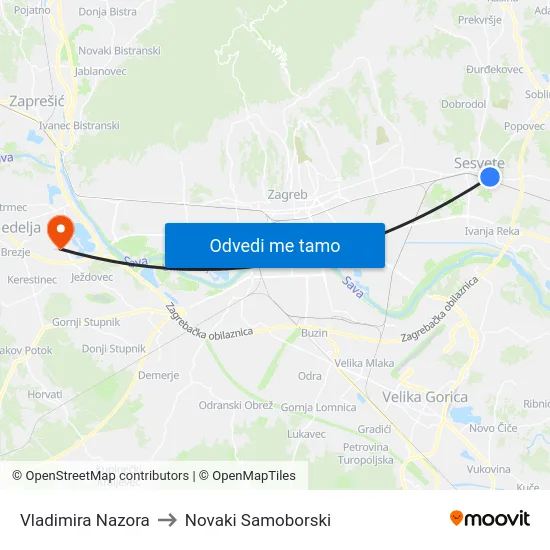 Vladimira Nazora to Novaki Samoborski map
