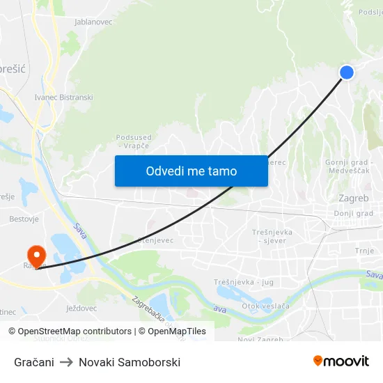 Gračani to Novaki Samoborski map