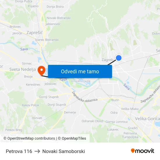 Petrova 116 to Novaki Samoborski map