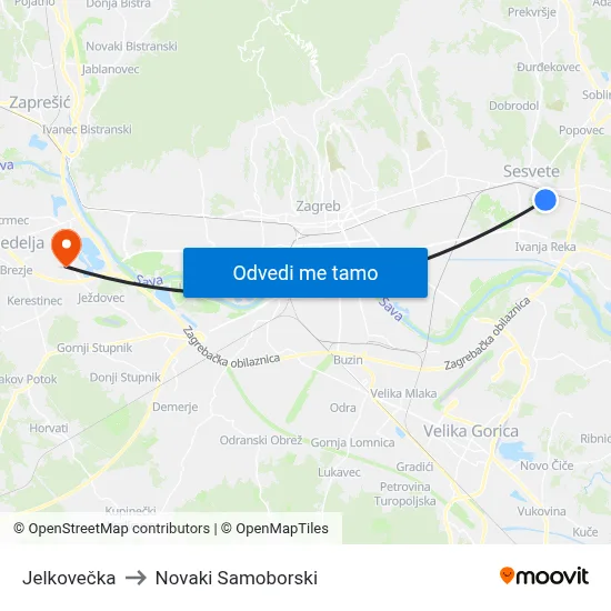 Jelkovečka to Novaki Samoborski map