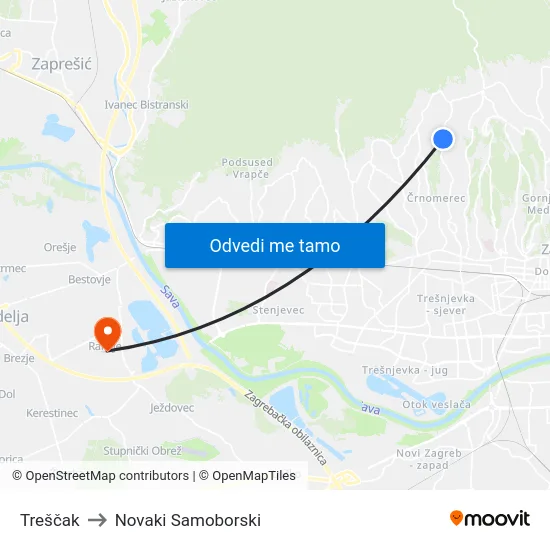 Treščak to Novaki Samoborski map
