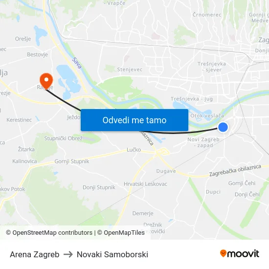 Arena Zagreb to Novaki Samoborski map