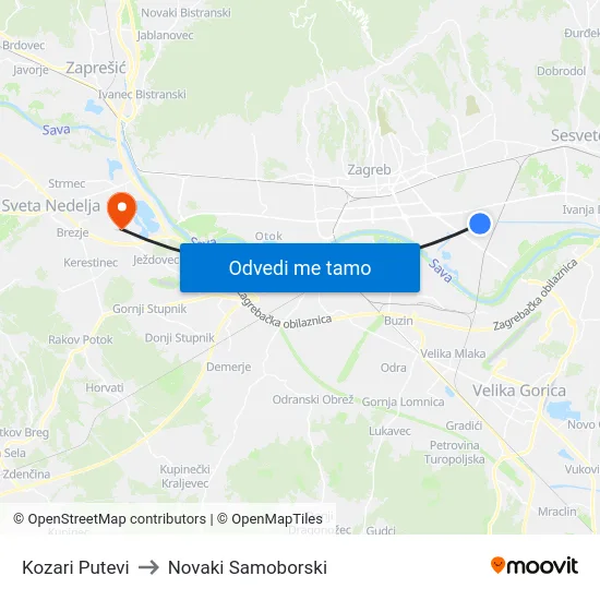 Kozari Putevi to Novaki Samoborski map