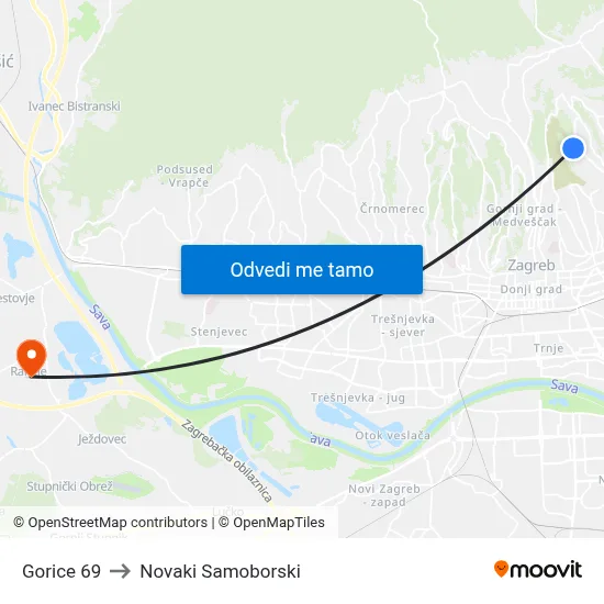 Gorice 69 to Novaki Samoborski map