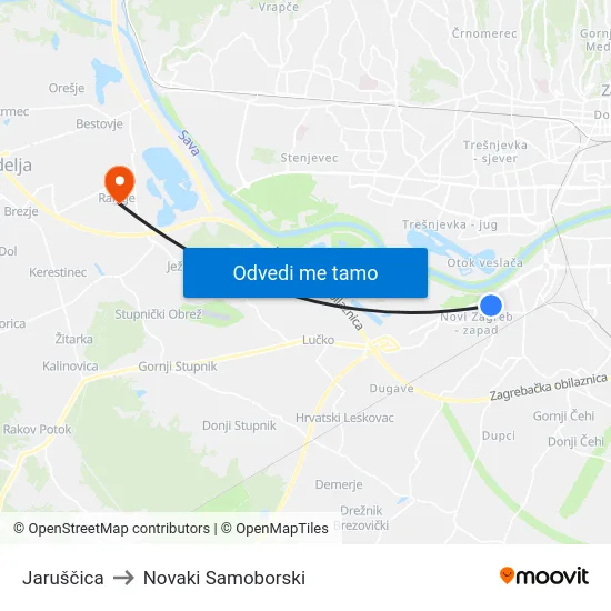 Jaruščica to Novaki Samoborski map