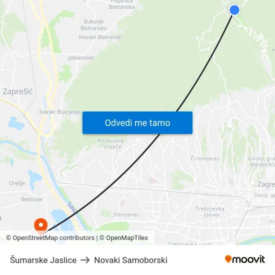 Šumarske Jaslice to Novaki Samoborski map