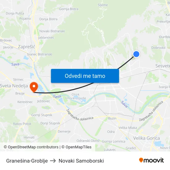 Granešina-Groblje to Novaki Samoborski map