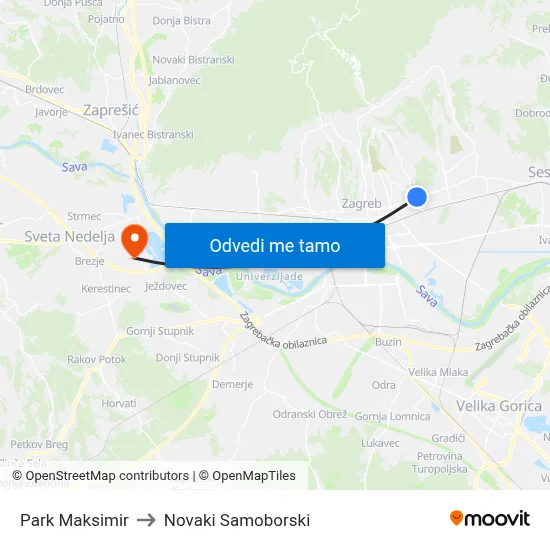 Park Maksimir to Novaki Samoborski map