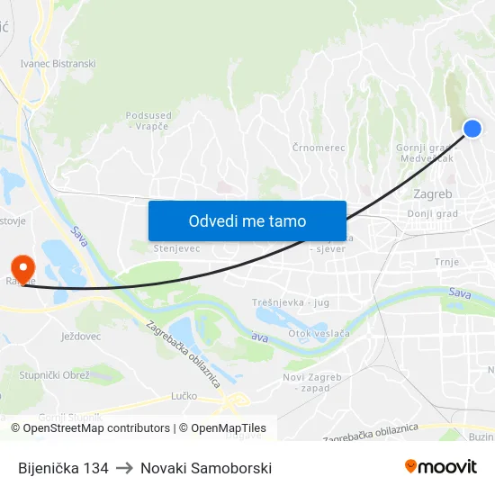 Bijenička 134 to Novaki Samoborski map
