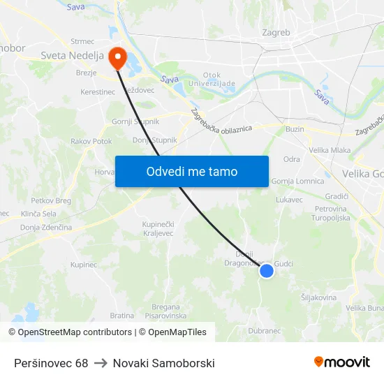 Peršinovec 68 to Novaki Samoborski map
