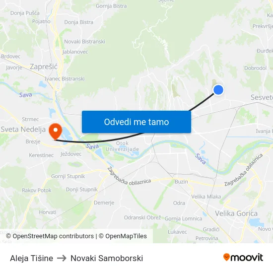 Aleja Tišine to Novaki Samoborski map