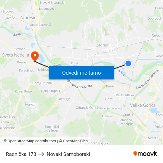 Radnička 173 to Novaki Samoborski map