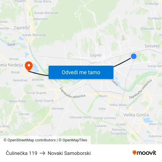 Čulinečka 119 to Novaki Samoborski map