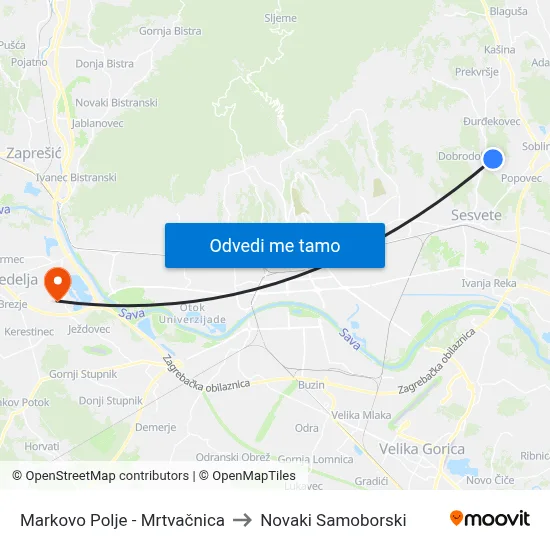 Markovo Polje - Mrtvačnica to Novaki Samoborski map