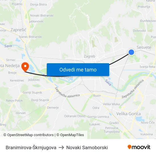 Branimirova-Škrnjugova to Novaki Samoborski map
