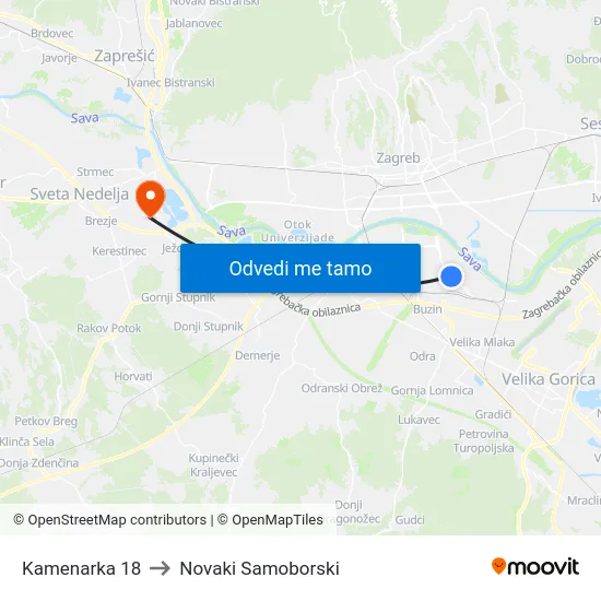 Kamenarka 18 to Novaki Samoborski map