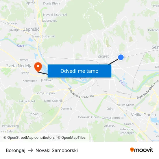 Borongaj to Novaki Samoborski map