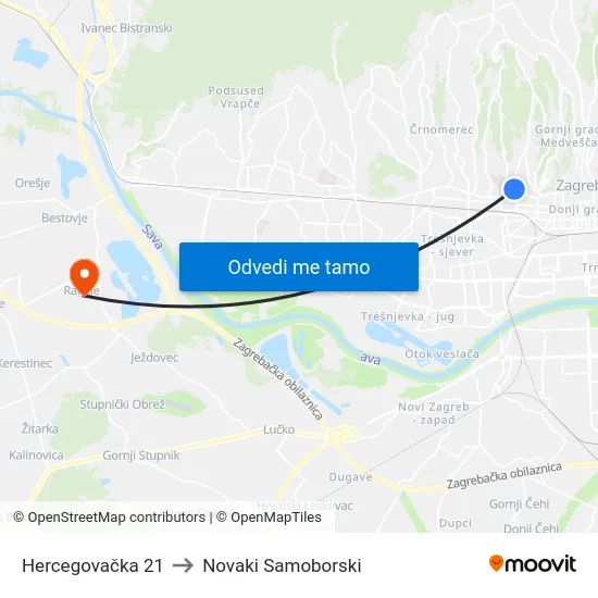 Hercegovačka 21 to Novaki Samoborski map