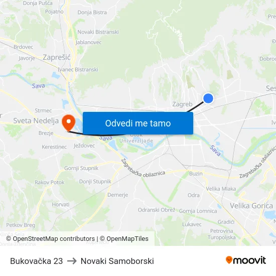 Bukovačka 23 to Novaki Samoborski map
