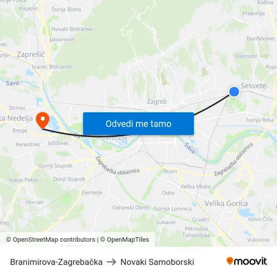 Branimirova-Zagrebačka to Novaki Samoborski map