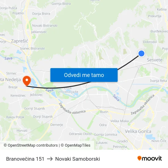 Branovečina 151 to Novaki Samoborski map
