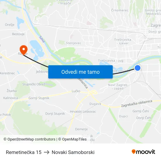 Remetinečka 15 to Novaki Samoborski map