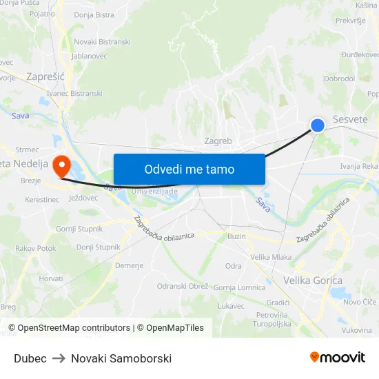 Dubec to Novaki Samoborski map