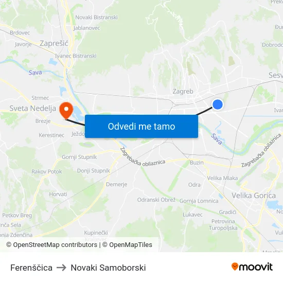 Ferenščica to Novaki Samoborski map