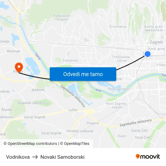 Vodnikova to Novaki Samoborski map