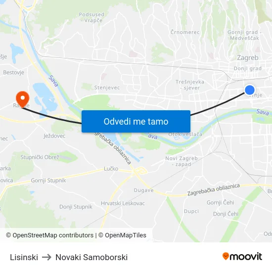 Lisinski to Novaki Samoborski map